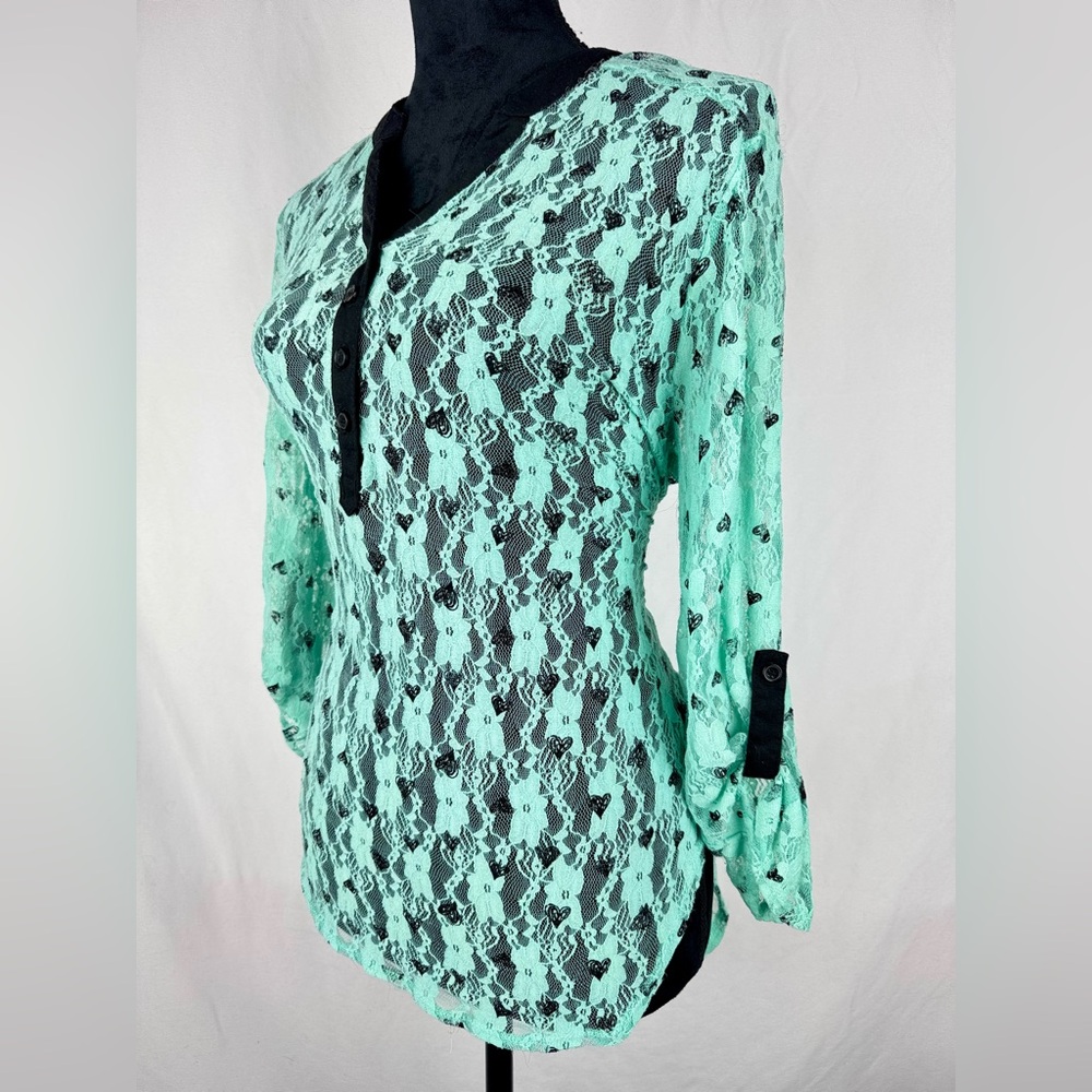 No Boundaries Mint Green Lace Long Sleeve Top with Black Roll Tab Sleeves - Picture 4 of 7